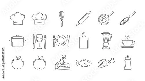 Culinary Essentials: An illustrated array of kitchen tools and food items, each perfectly poised for crafting delightful culinary experiences.