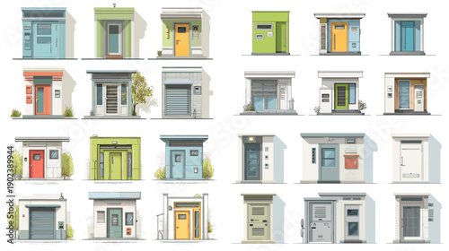 Collection of residential house facades with doors windows and balconies. Urban and suburban home exteriors ideal for real estate visuals architecture references and housing projects.