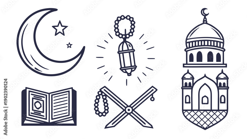 Fototapeta premium Celebrating Ramadan with mosque, crescent, lantern, prayer, and book icons in a serene illustration