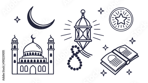 Celebrating Ramadan with mosque, lantern, rosary, and sacred book illustrations in a serene, starry night ambiance