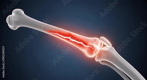 3D Illustration of Fractured Human Bone Highlighted with Red Light on Dark Blue Background for Medical Usage and Research