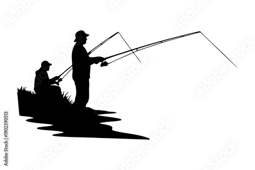 Two men fishing by serene water with silhouettes against white background