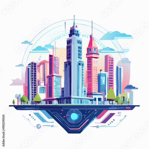 Futuristic cityscape with sleek skyscrapers and vibrant colors in a modern metropolis