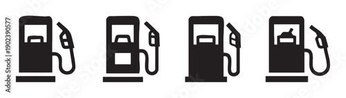 Four black icons of fuel pumps at gas stations with hoses and nozzles