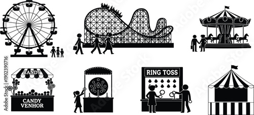 Amusement park attractions including a Ferris wheel roller coaster carousel candy stall ring toss game and tent