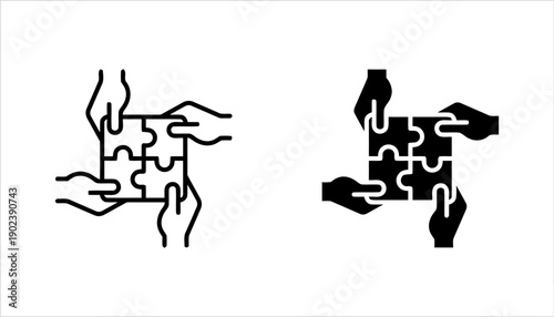 Four hands connecting four puzzle pieces, team collaboration and success