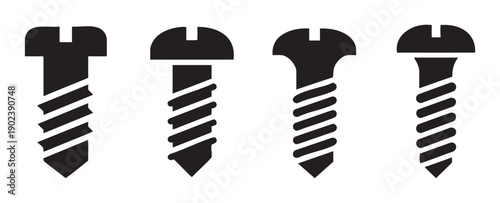 Four different styles of black screw icons with visible threads and cross-head slots