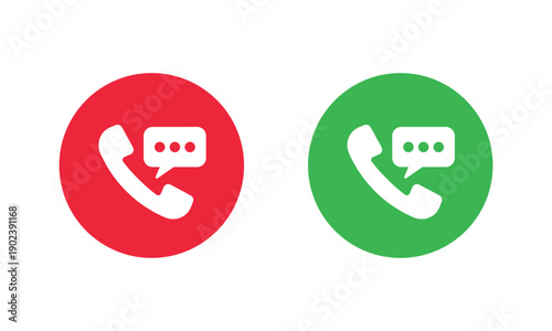 Flat vector icons of a phone handset with a message bubble in red and green solid circles. Minimalist communication symbols for call and text support.