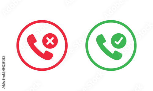 Two circular phone icons, red with white handset facing down to end call, and green with white handset facing up to answer call. Universal mobile communication symbols for apps and interfaces.