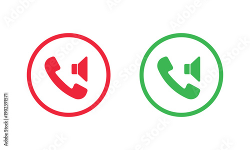 Set of red and green circular call icons featuring a white phone handset and a speaker symbol. Represents hands-free mode, volume, or audio settings in a clean, flat vector style.