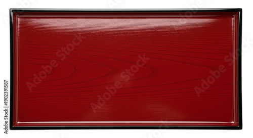 木目が見える朱塗りの長方形お盆 黒い縁取りの漆器風和風トレー 透明または白い背景