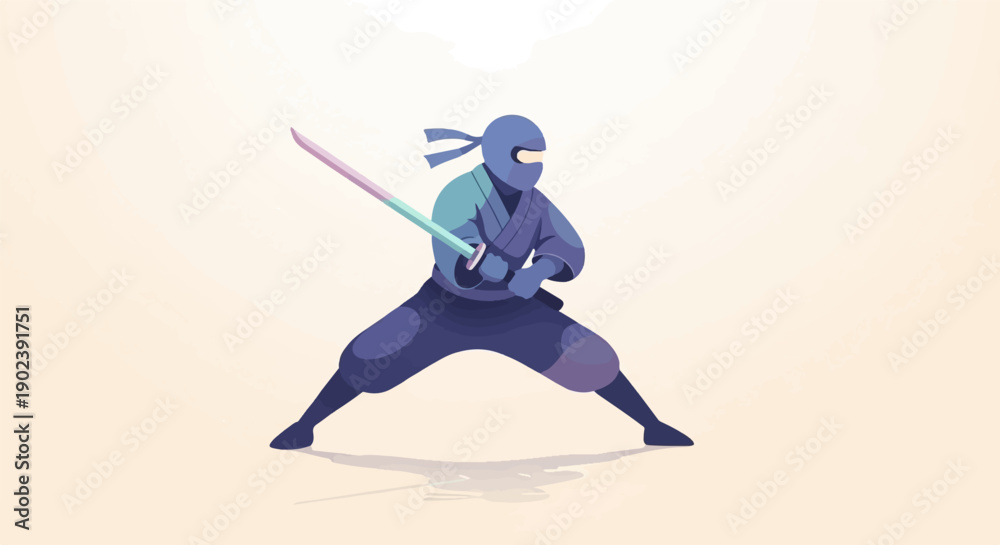 Obraz premium Pixelated warrior with sword stands in defensive pose on light background