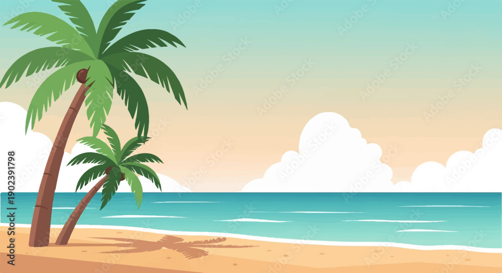 Obraz premium Pixelated palm trees grace a tranquil beach with turquoise ocean waves under a gradient sky