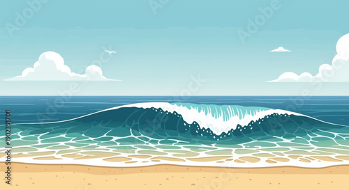 Pixelated ocean wave crashing on a sandy beach under a bright blue sky