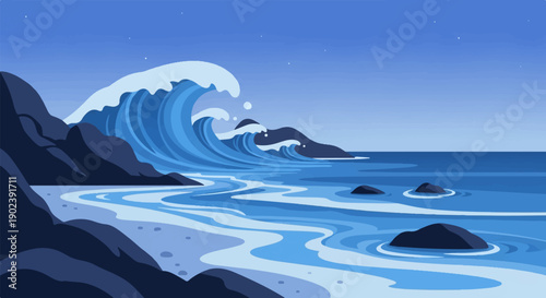 Pixelated ocean waves crash against rocky shores under a starry sky