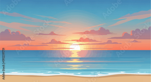 Pixelated ocean sunset with vibrant clouds and calm water