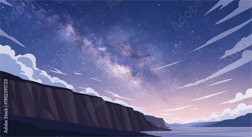 Pixelated night sky with milky way over a coastal cliff and calm water