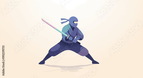 Pixelated warrior with sword stands in defensive pose on light background