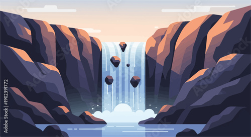 Pixelated waterfall cascading down rocky cliffs into a serene pool at sunset