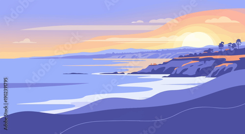 Pixelated coastal landscape at sunset with dramatic purple and orange hues