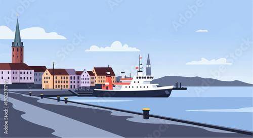 Pixelated waterfront with buildings, a ship, and distant hills under a cloudy sky