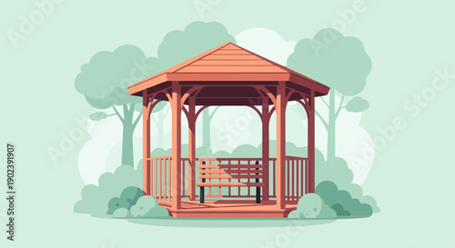 Pixelated wooden gazebo with a bench sits peacefully amidst trees and bushes