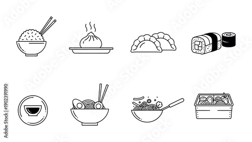 Elegant Cuisine: A minimalist depiction of diverse East Asian culinary elements, artfully arranged to showcase the beauty of simple dining. 