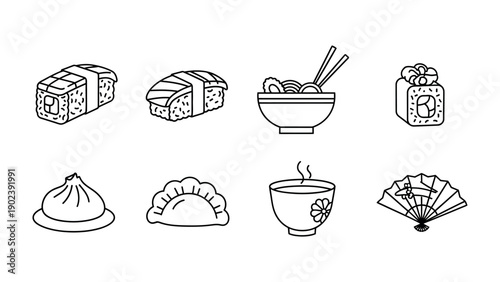 Asian Cuisine Icon Set: A minimalistic illustration set showcasing diverse Asian culinary delights, from sushi to traditional tea, evoking the essence of Eastern flavors.