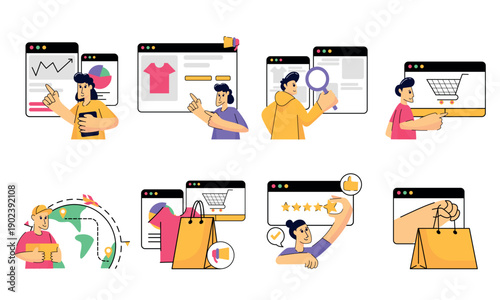 Illustration of people browsing and shopping online on computer browsers