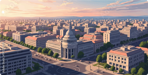 Pixelated cityscape with dome building and traffic, golden hour sky