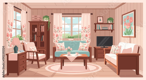 Pixel art cozy living room with floral curtains and furniture