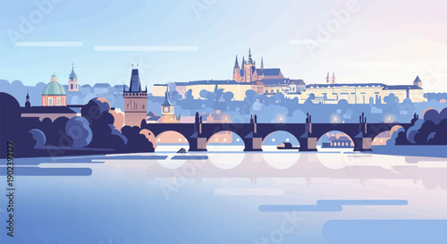 Pixelated cityscape with bridge and river at dusk