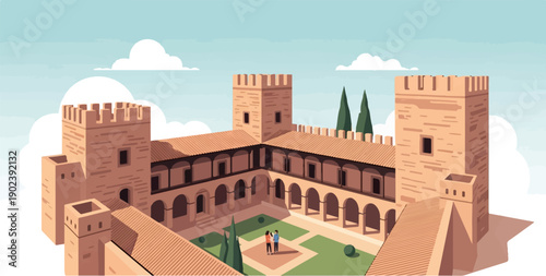 Pixel art courtyard with towers and a couple