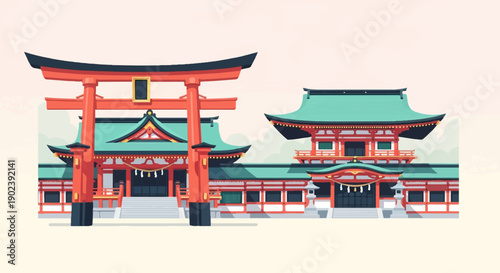 Pixel art depicting a traditional Japanese shrine complex with a torii gate