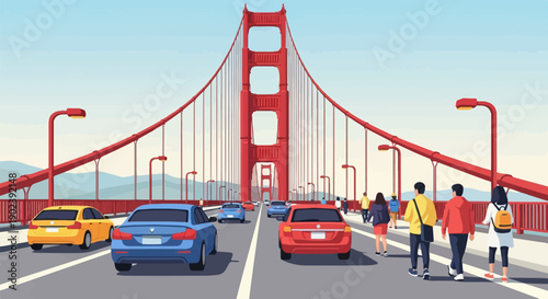 Pixel art depicting cars and pedestrians on a red suspension bridge