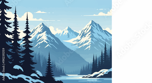 Pixel art depicting snow-capped mountains, pine trees, and a serene lake