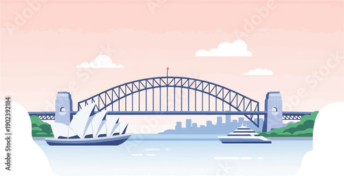 Pixel art depiction of a harbor with a large bridge, iconic building, and yacht