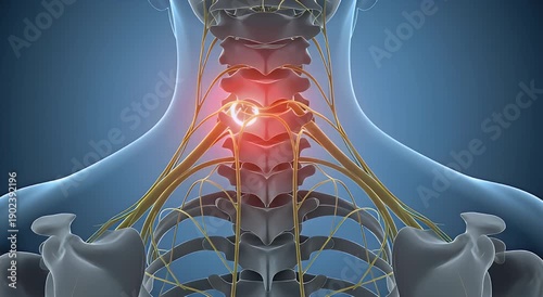 Detailed 3D anatomical illustration of human neck pain, highlighting affected cervical vertebrae and spinal nerves causing medical discomfort