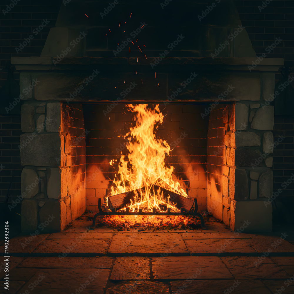 Fototapeta premium Roaring Fire in a Rustic Stone Fireplace