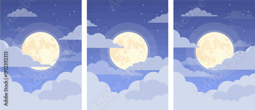 Pixel art full moon peeking through clouds in a starry night sky
