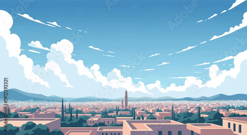 Pixelated cityscape with a prominent tower under a vast, cloudy blue sky