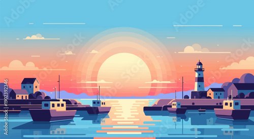 Pixel art harbor at sunset with a lighthouse and boats