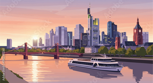 Pixelated cityscape at sunset with a riverboat sailing on the water