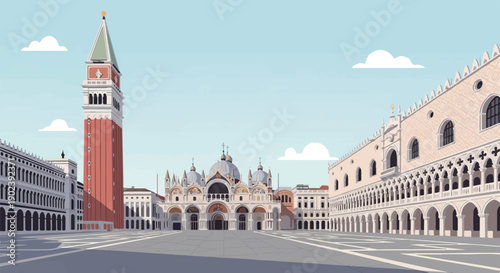 Pixel art illustration of a European square with historic buildings and a bell tower