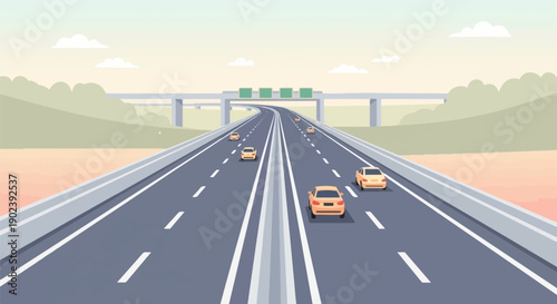 Pixelated cars travel on a wide highway under an overpass