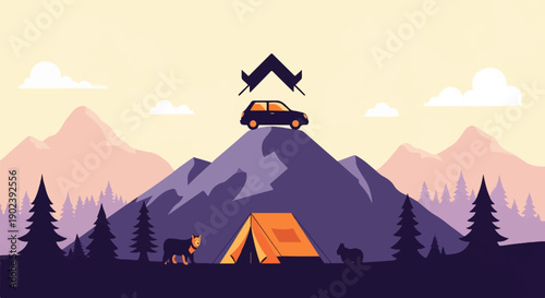 Pixelated camping scene with car on mountain, dogs, tent, and trees