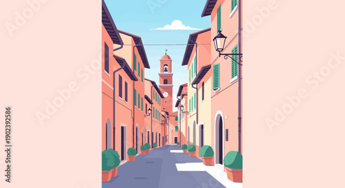 Pixelated European street scene with terracotta buildings and a bell tower