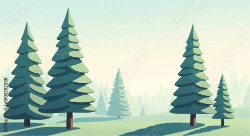 Pixelated evergreen forest scene with layered trees and soft pastel sky