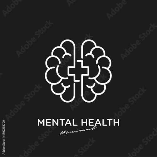 Minimalist White Line Art Brain with Medical Cross Symbol for Mental Health Concept on Black Background
