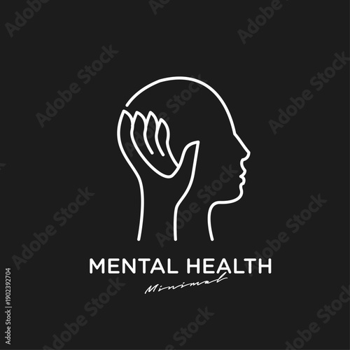 Minimalist Mental Health Line Art Illustration with Human Head and Hand